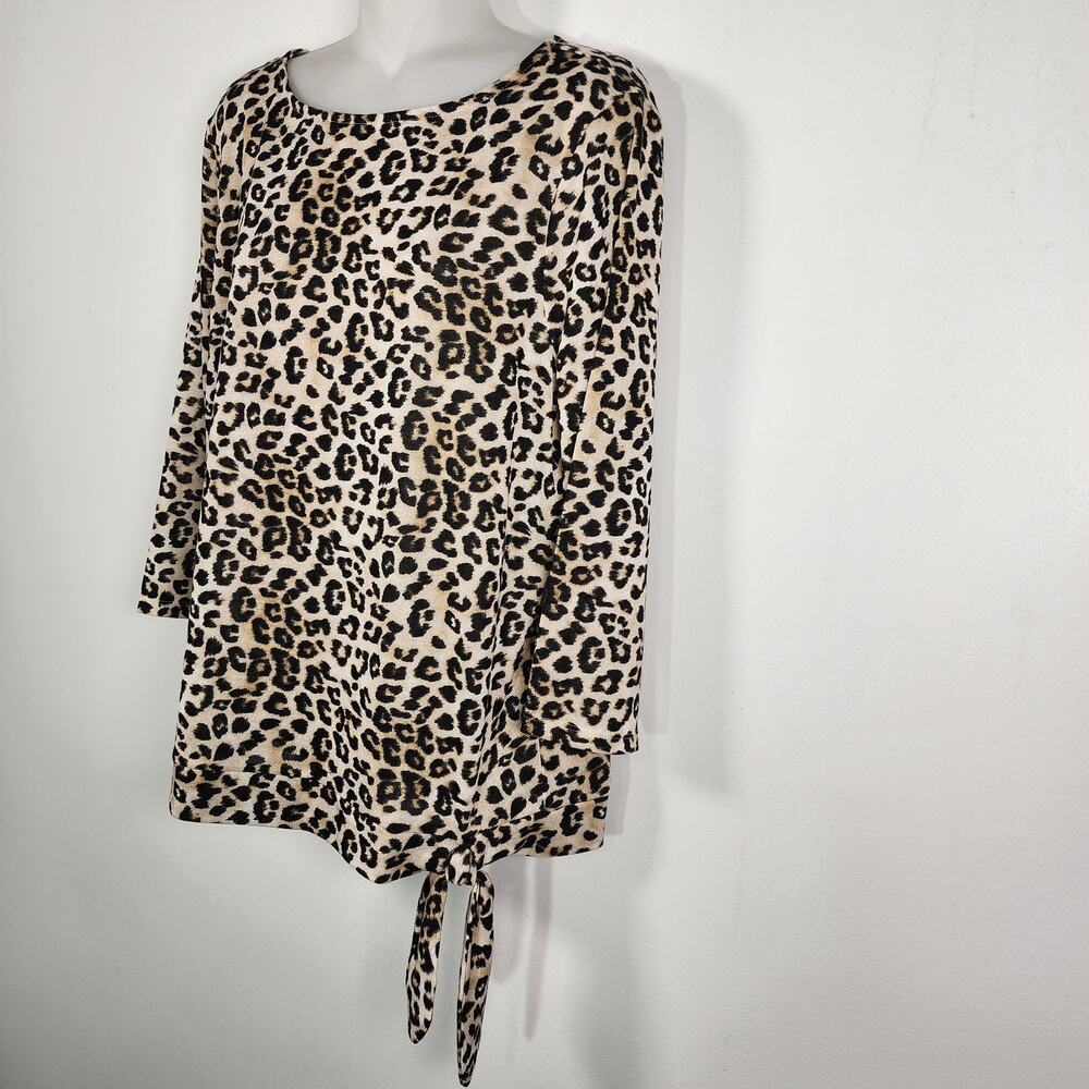 Chico's Womens Top Leopard Print Side Tie Round Neck Knit 3/4 Sleeve Large Brown - Picture 6 of 11
